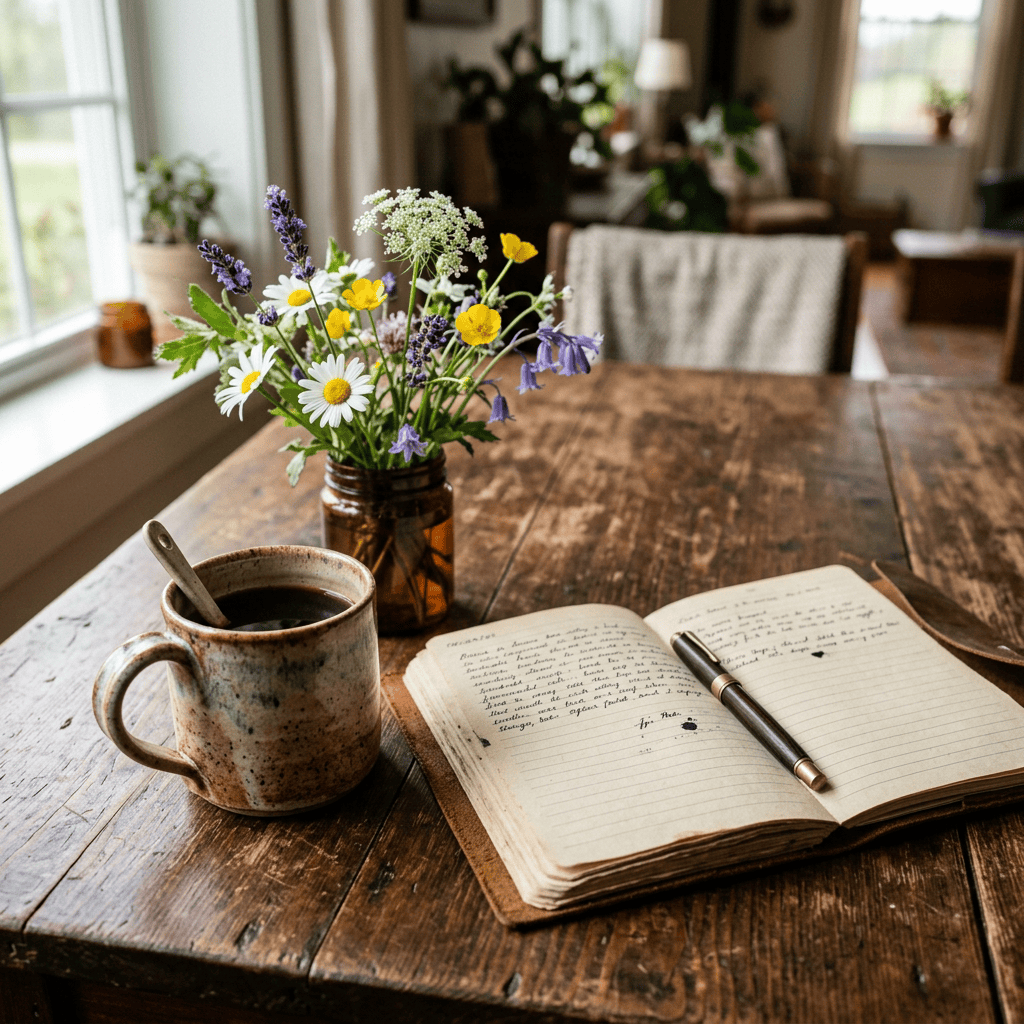 Journal with handwritten notes and pen beside a coffee mug and wildflower bouquet on wooden table