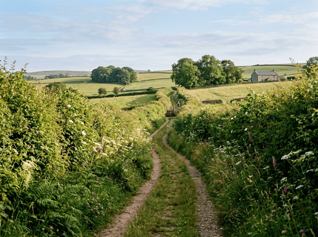 Dirt path between dense green hedges leading to fields and distant farmhouse