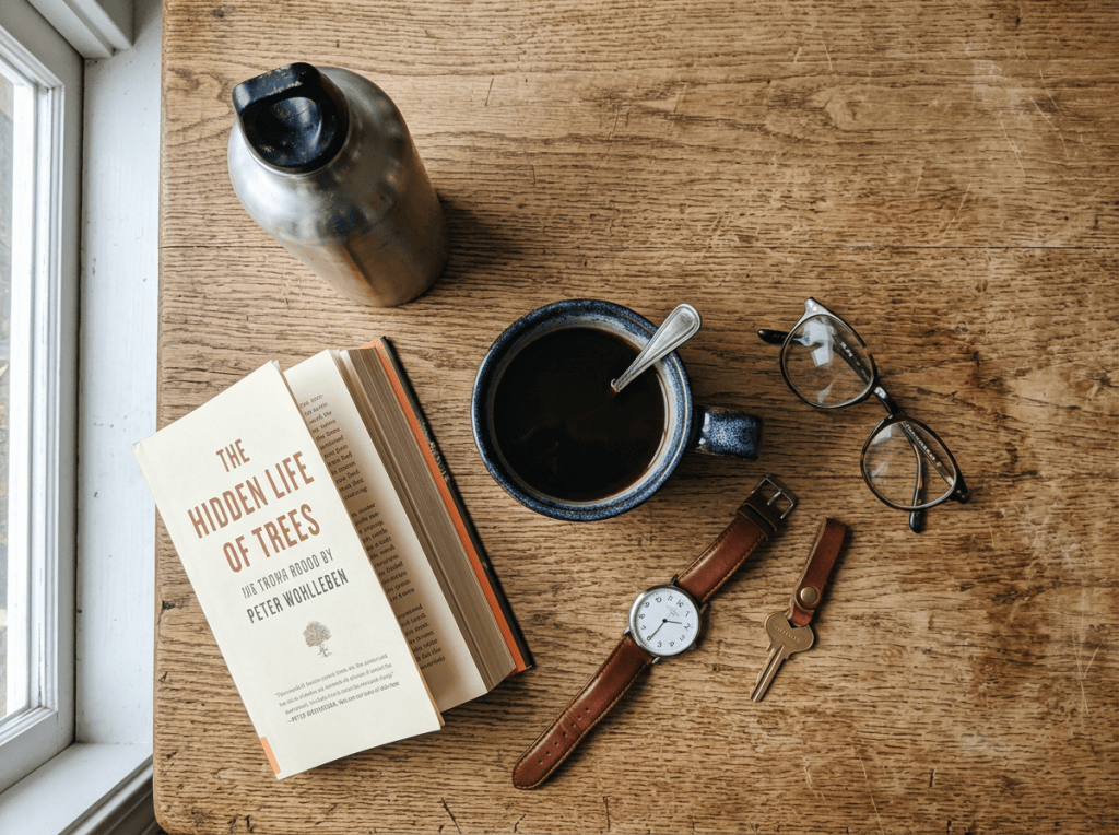 Open book titled The Hidden Life of Trees, coffee cup, wristwatch, key, glasses, and metal water bottle on wooden table