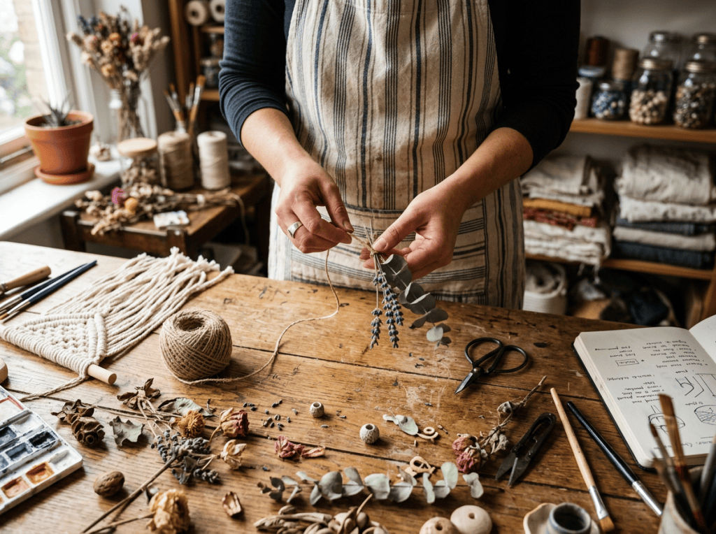 Person tying dried lavender and eucalyptus stems with twine over a wooden table with crafting materials