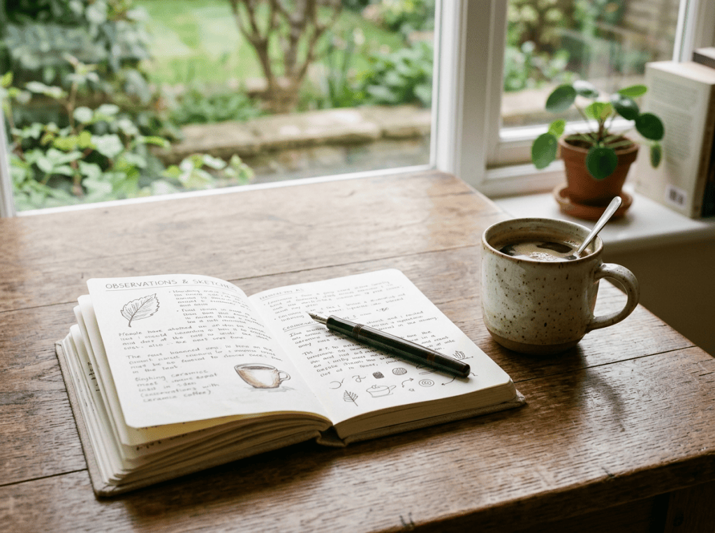 Open journal with handwritten notes and sketches next to a coffee cup and spoon on wooden table