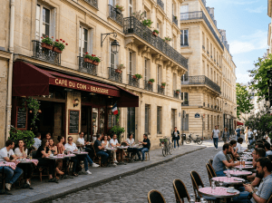 Café du Coin brasserie with outdoor diners on a Parisian street