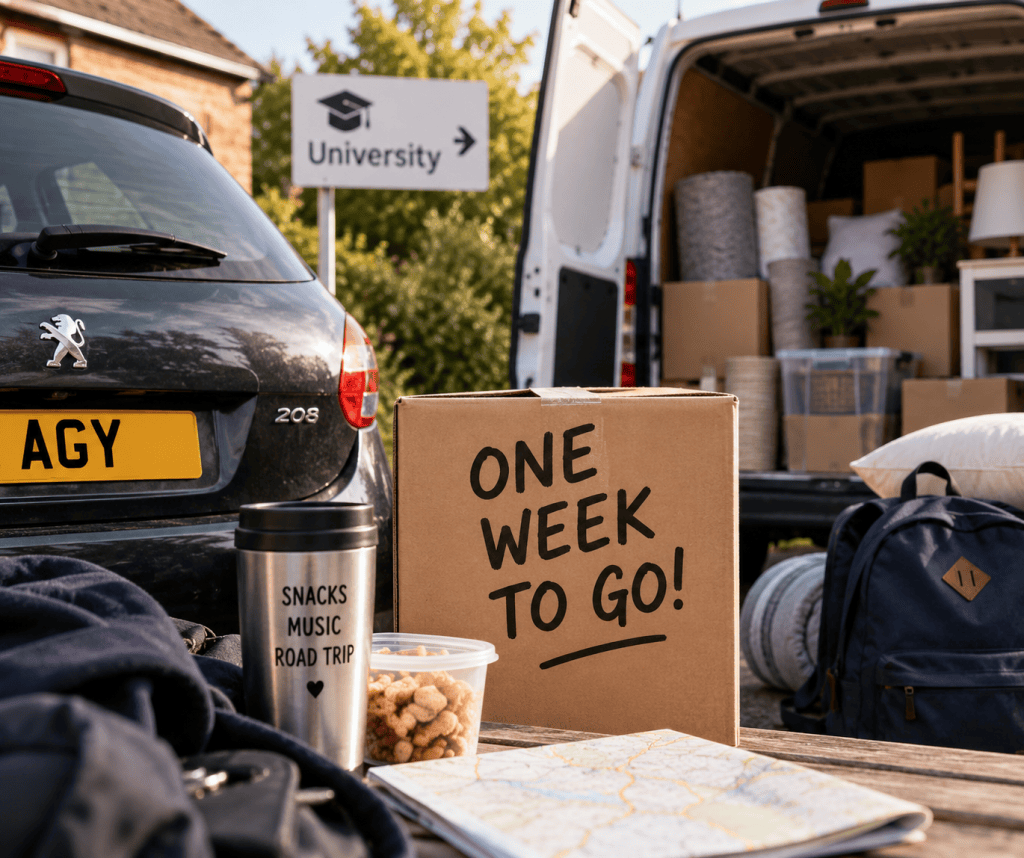 Packed van and boxes ready for a university move, with one week to go